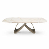 Tavolo Fly allungabile da 160 a 240 cm con piano in ceramica e base in metallo verniciato. Disponibile in due varianti di colore