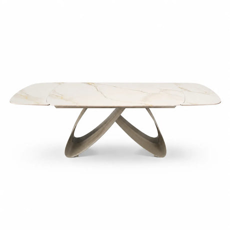 Tavolo Fly allungabile da 160 a 240 cm con piano in ceramica e base in metallo verniciato. Disponibile in due varianti di colore