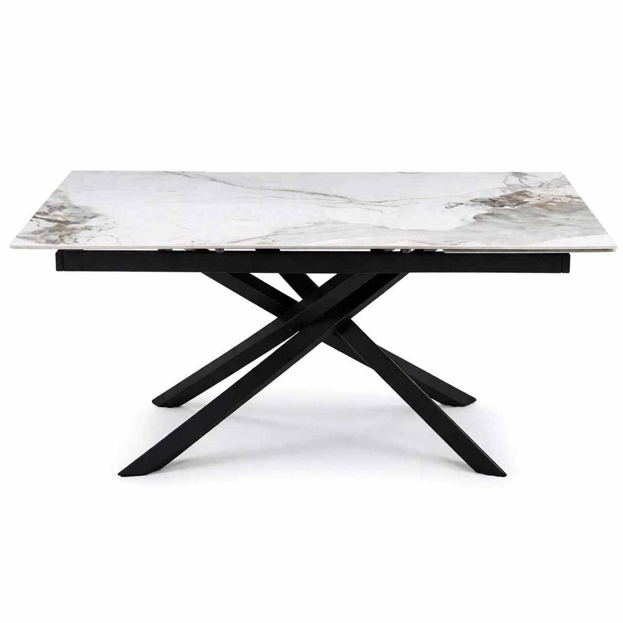Tavolo George allungabile con piano in ceramica effetto marmo e base in metallo nero design incrociato moderno