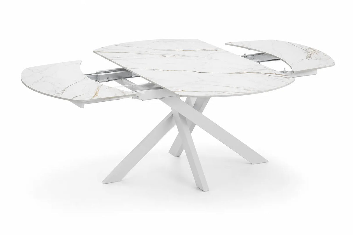 Tavolo allungabile Giove 140/200 cm con piano in ceramica effetto Marmo Oro Opaco e struttura in metallo bianco.