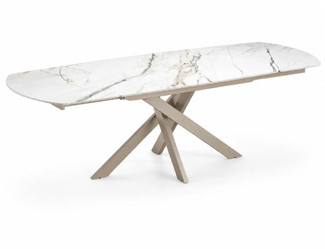 Tavolo allungabile Giove 140/200 cm con piano in ceramica effetto Marmo Oro Opaco e struttura in metallo Champagne.