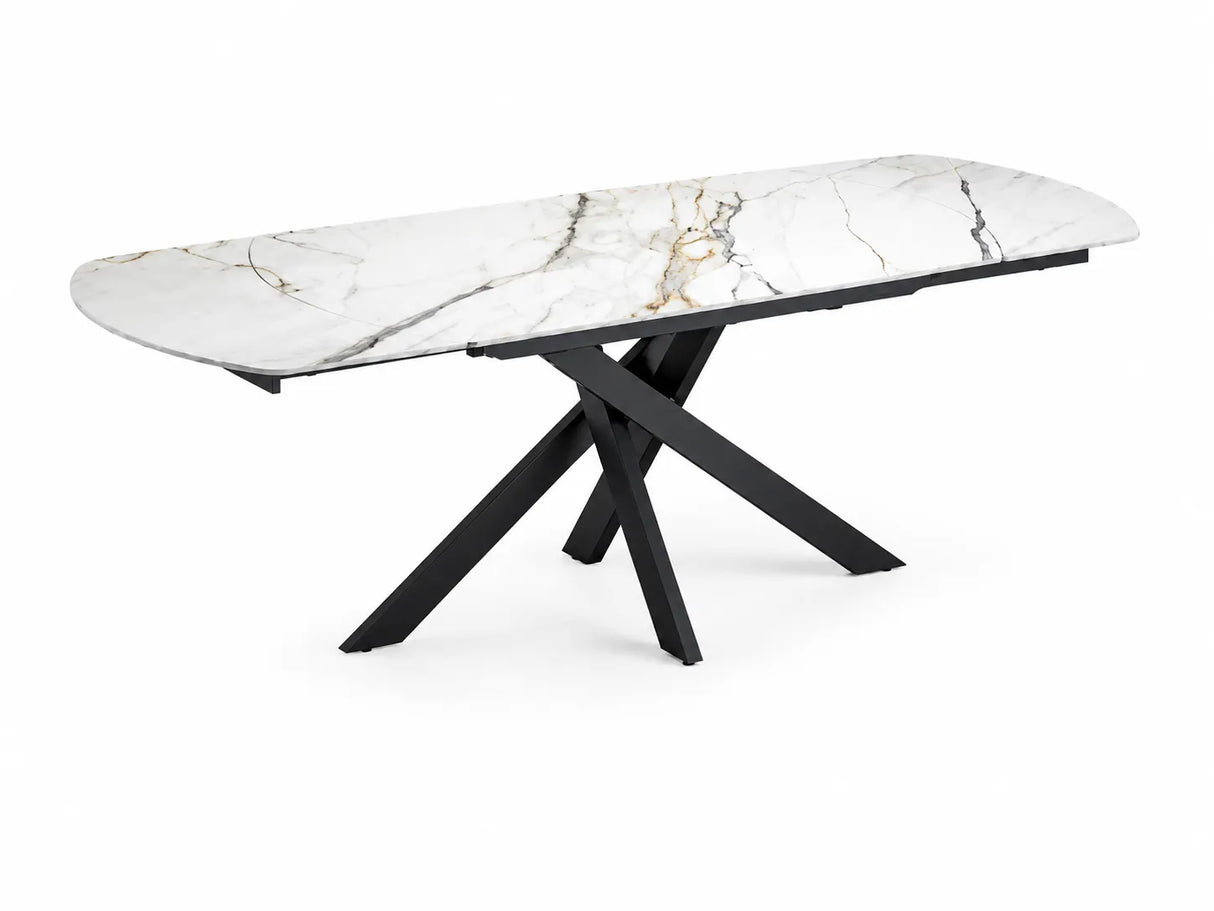 Tavolo allungabile Giove 140/200 cm con piano in ceramica effetto Marmo Oro Opaco e struttura in metallo nero.
