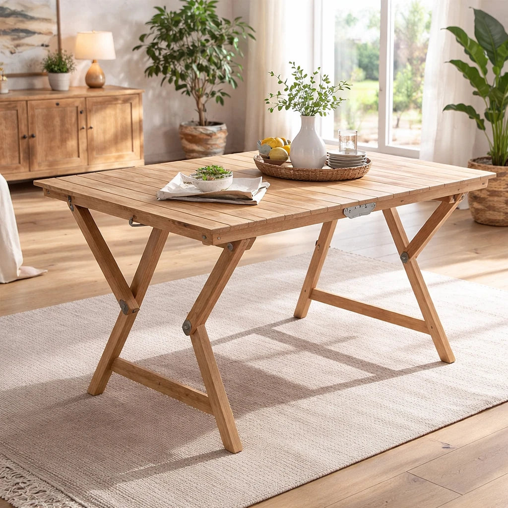 Tavolo grande pieghevole in legno di faggio 140x70 cm, richiudibile e robusto, ideale per interni ed esterni