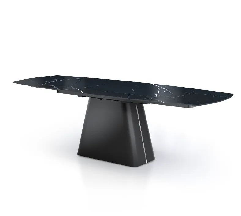 Tavolo Hemas allungabile in ceramica Marmo nero con base in acciaio nero, elegante e moderno per 8-10 persone
