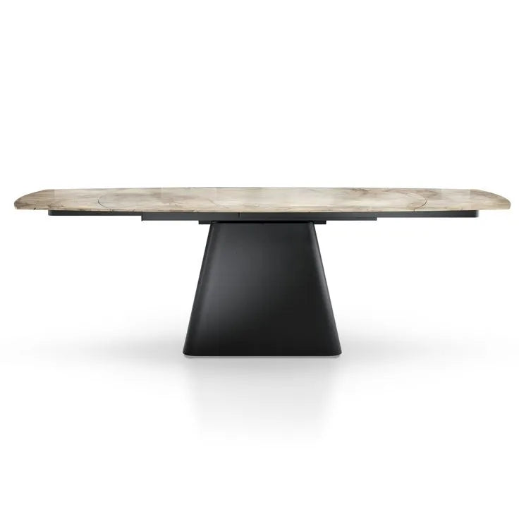 Tavolo Hemas allungabile in ceramica Marmo Oro Giallo con base in acciaio nero, elegante e moderno per 8-10 persone