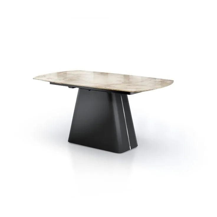 Tavolo Hemas allungabile in ceramica Marmo Oro Giallo con base in acciaio nero, elegante e moderno per 8-10 persone