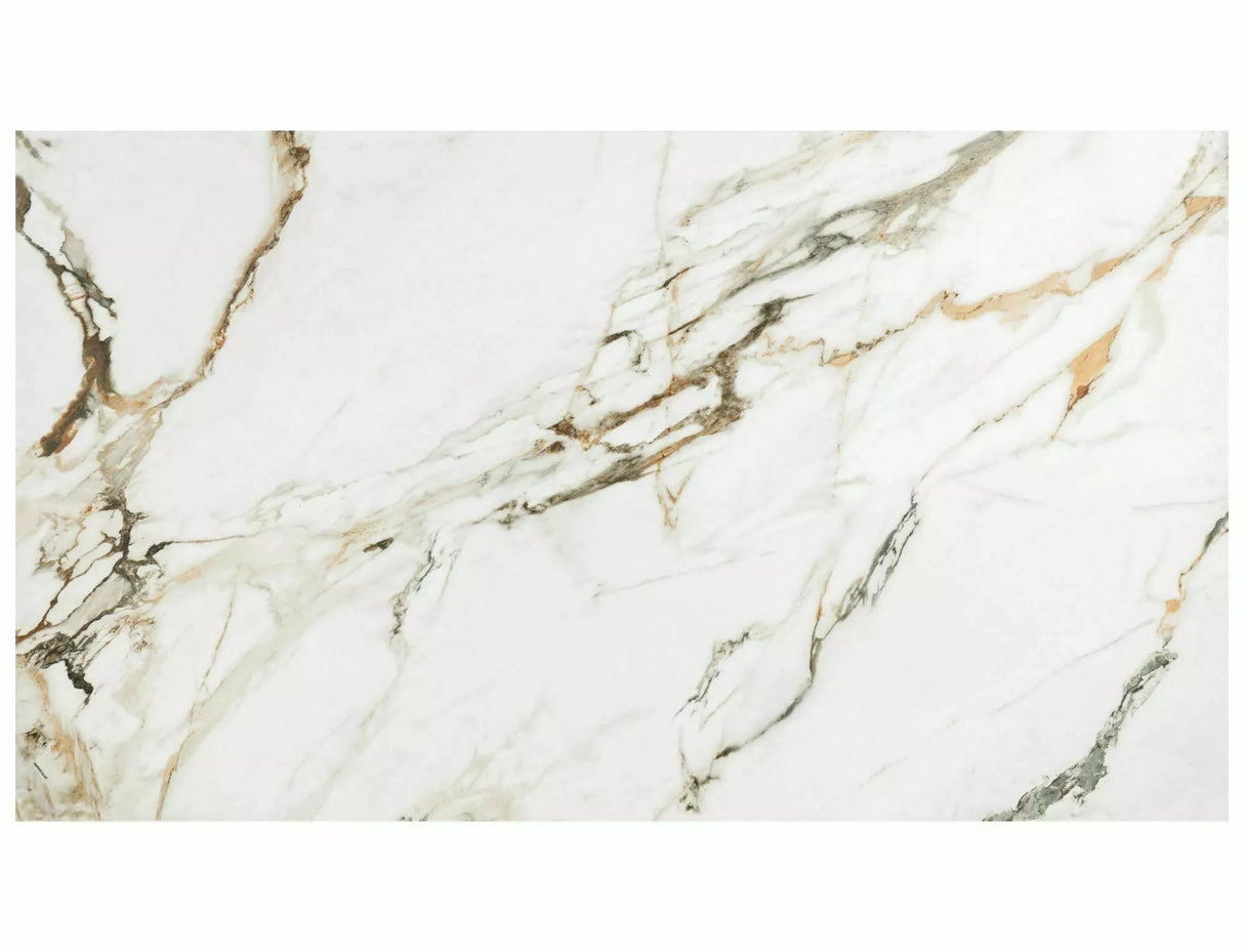 Tavolo Infinity Ceramic allungabile con top in vetroceramica marmo bianco e struttura in metallo oro opaco
