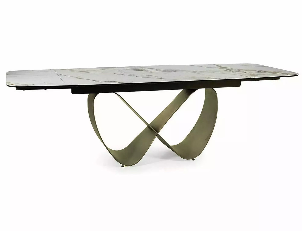 Tavolo Infinity Ceramic allungabile con top in vetroceramica marmo bianco e struttura in metallo oro opaco