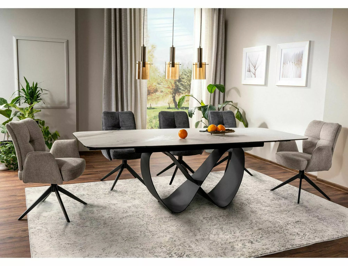 Tavolo Infinity Ceramic allungabile con top in vetroceramica effetto marmo bianco e struttura in metallo nero