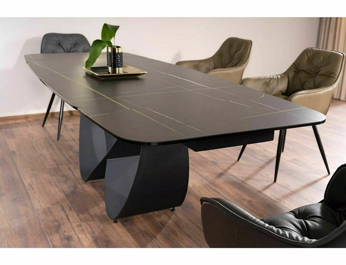 Tavolo Infinity Ceramic allungabile con top in vetroceramica marmo nero e base in metallo verniciato nero opaco