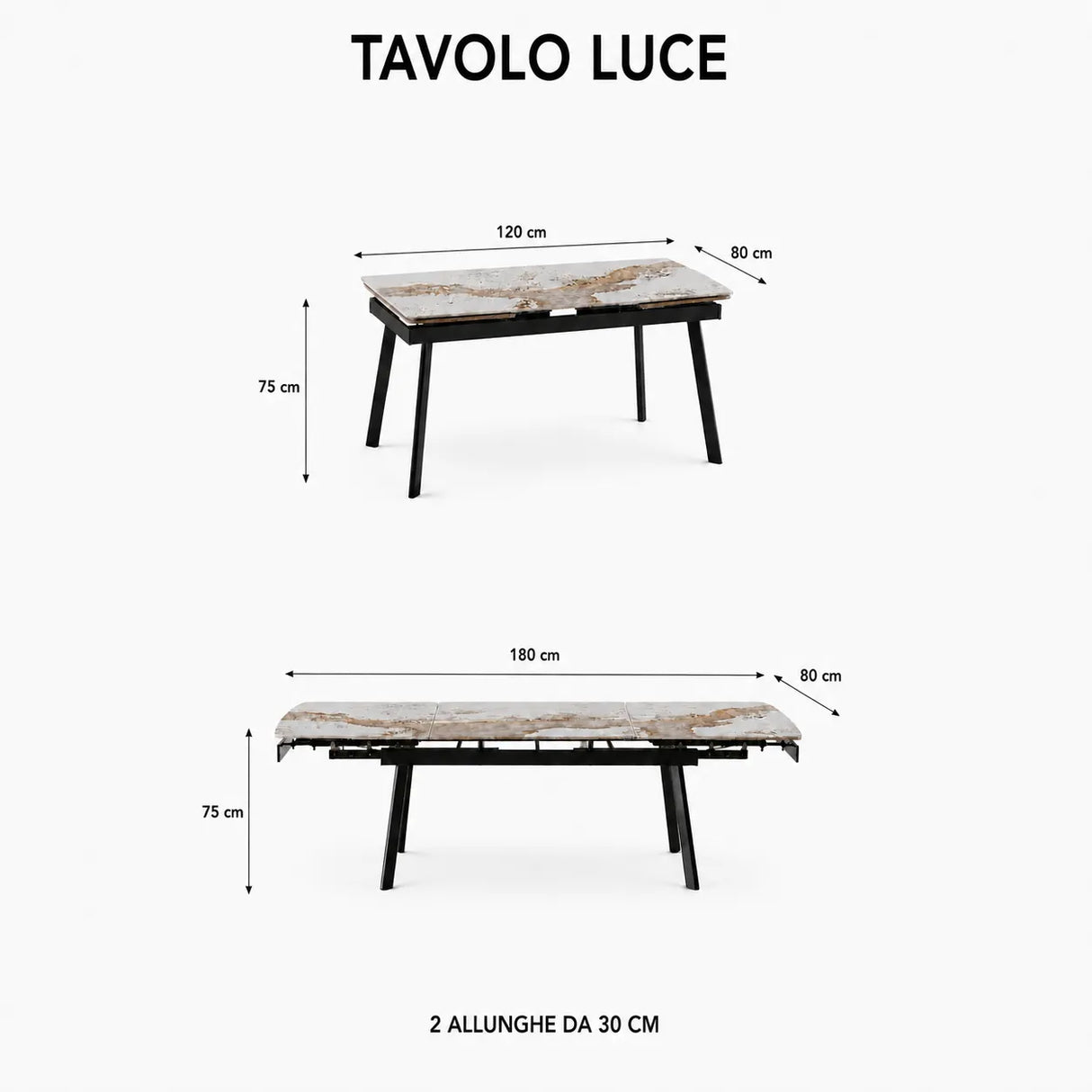 Tavolo Luce allungabile 160-240 cm in ceramica Bianco Patagonia con gambe nere