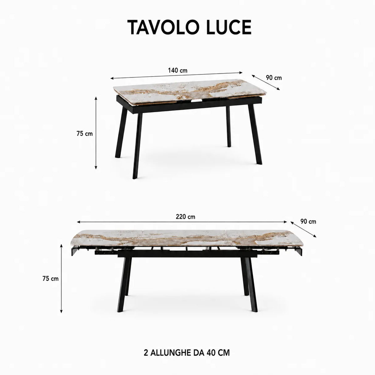 Tavolo Luce allungabile 160-240 cm in ceramica Bianco Patagonia con gambe nere