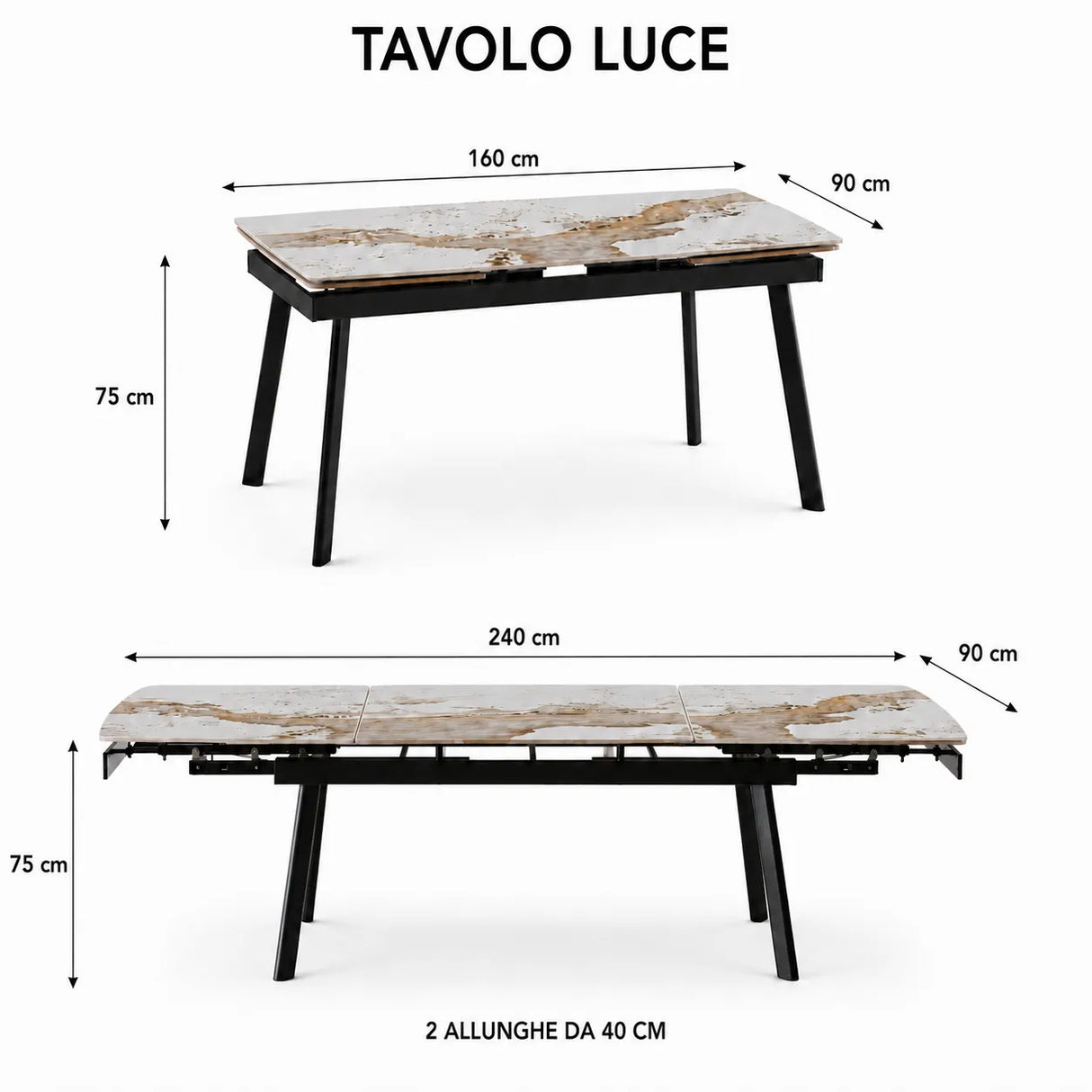 Tavolo Luce allungabile 160-240 cm in ceramica Bianco Patagonia con gambe nere