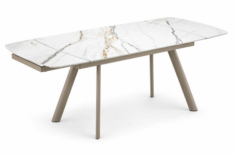 Tavolo allungabile Marte 160/240 cm con piano in ceramica effetto Marmo Oro Opaco e struttura in metallo verniciato Champagne.