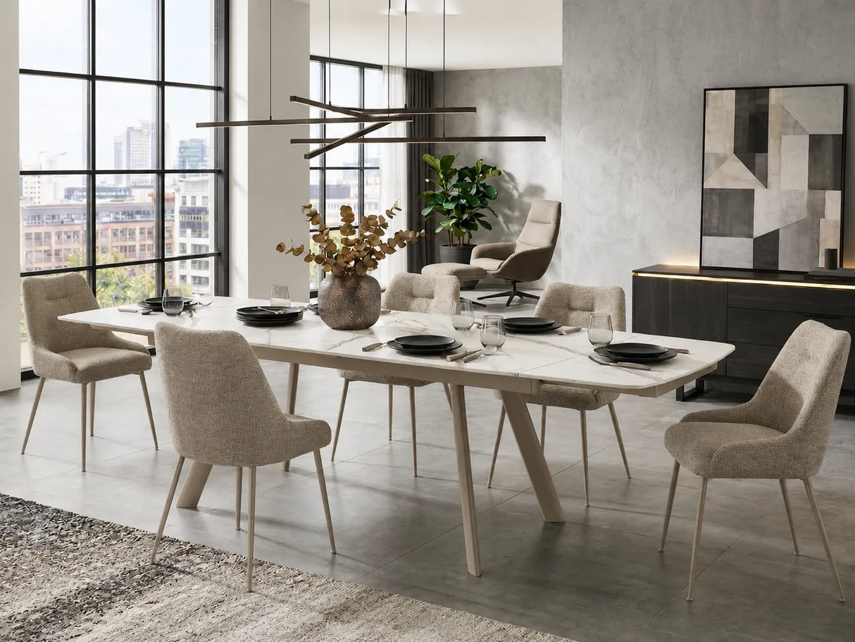 Tavolo allungabile Marte 140/200 cm con piano in ceramica effetto Marmo Oro Opaco e struttura in metallo verniciato Champagne.