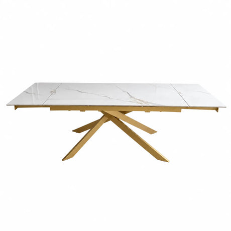 Tavolo Moon allungabile con piano in ceramica effetto marmo Calacatta Oro e base in metallo oro o nero