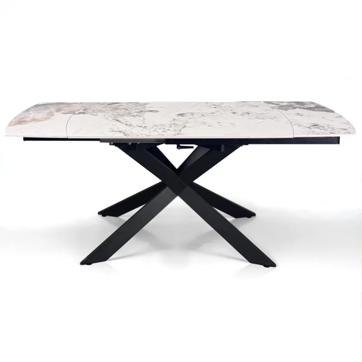 Tavolo Mykonos ovale allungabile con piano in ceramica effetto marmo Onice lucido e basamento nero