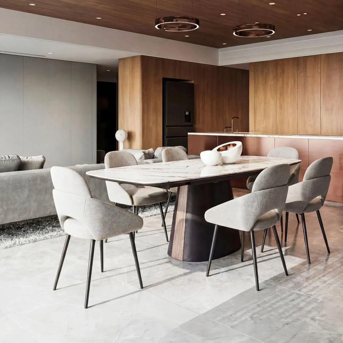 Tavolo Orfeo allungabile 180–230 cm con piano in ceramica Calacatta e base in metallo nero con inserto veneer noce chiaro.