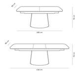 Tavolo Orfeo allungabile 180–230 cm con piano in ceramica Calacatta e base in metallo nero con inserto veneer noce chiaro.