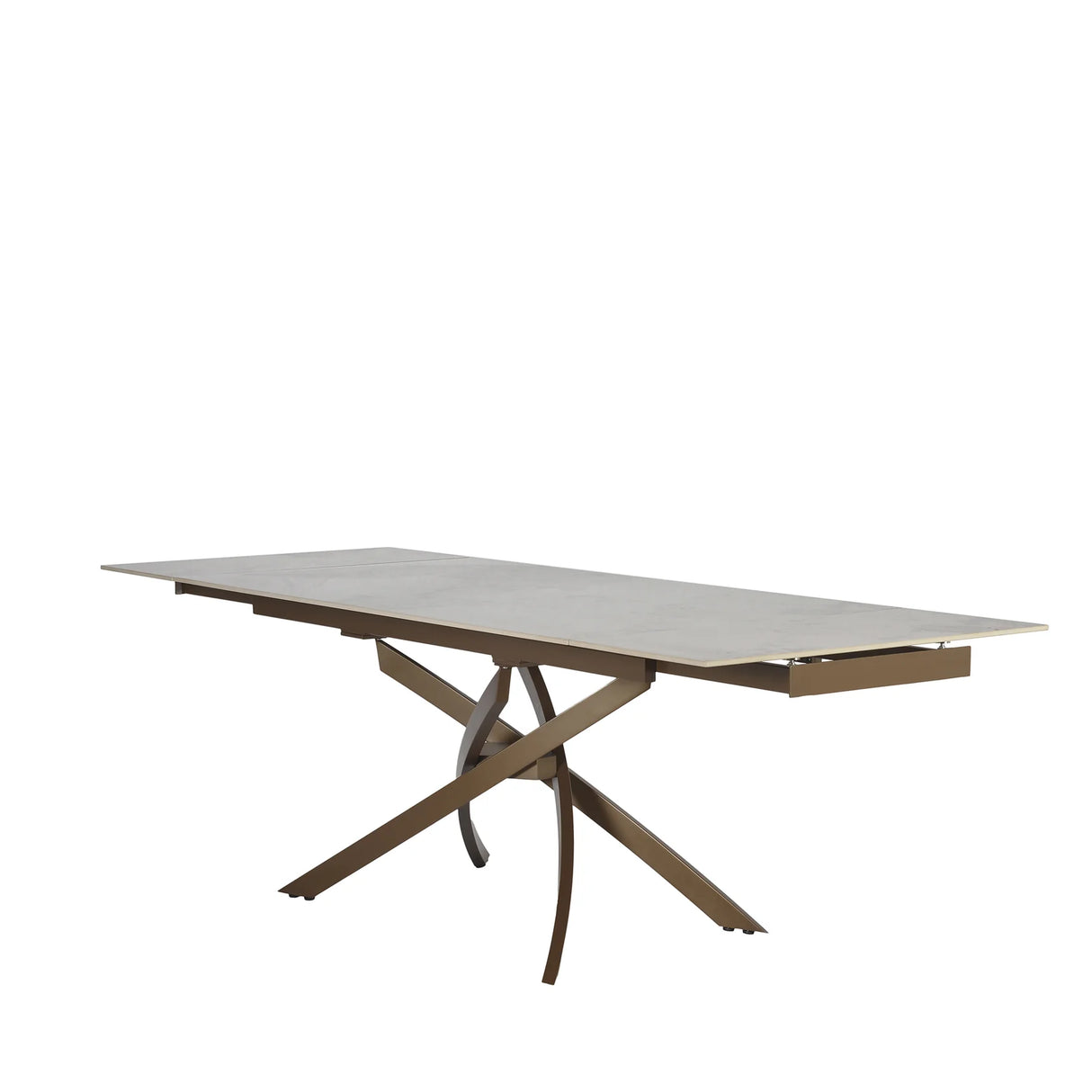 Tavolo Pegaso allungabile in ceramica con gambe incrociate in metallo, design elegante per soggiorno o cucina

