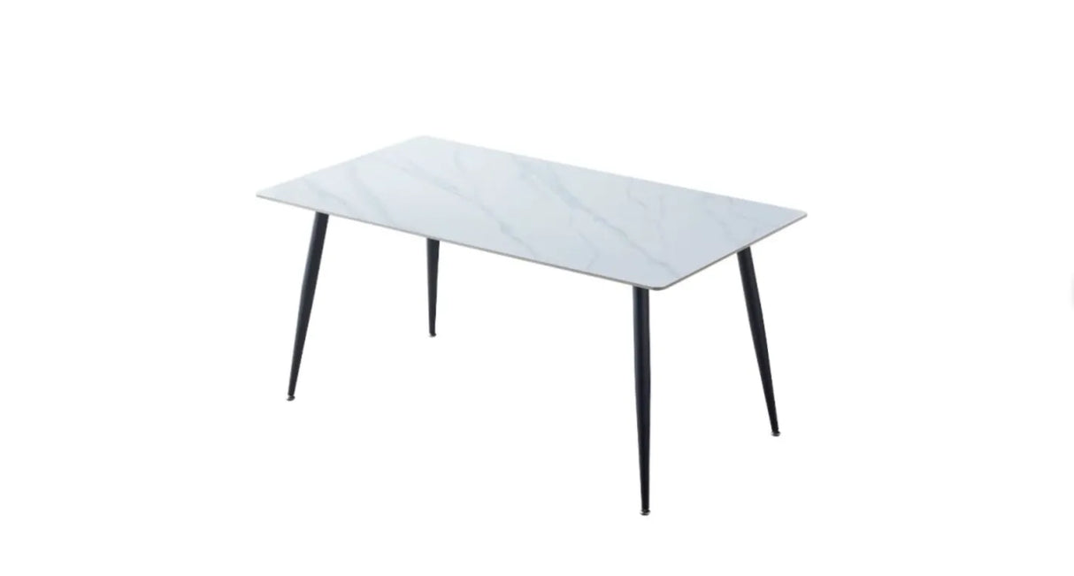 Tavolo da pranzo rettangolare con piano in ceramica marmo bianco e gambe in metallo nero