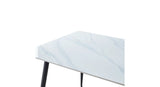 Tavolo da pranzo rettangolare con piano in ceramica marmo bianco e gambe in metallo nero

