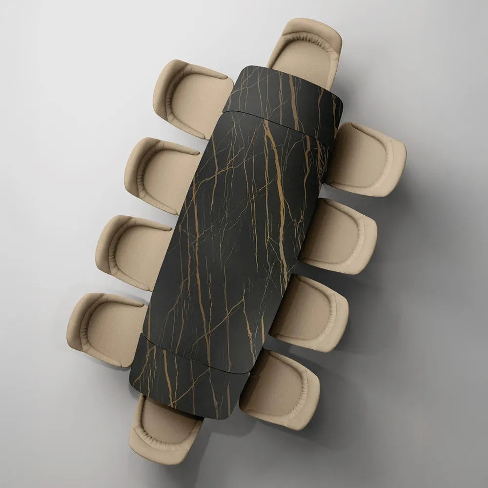 Tavolo Thanos X allungabile con piano in ceramica effetto marmo Portoro e struttura in metallo nero