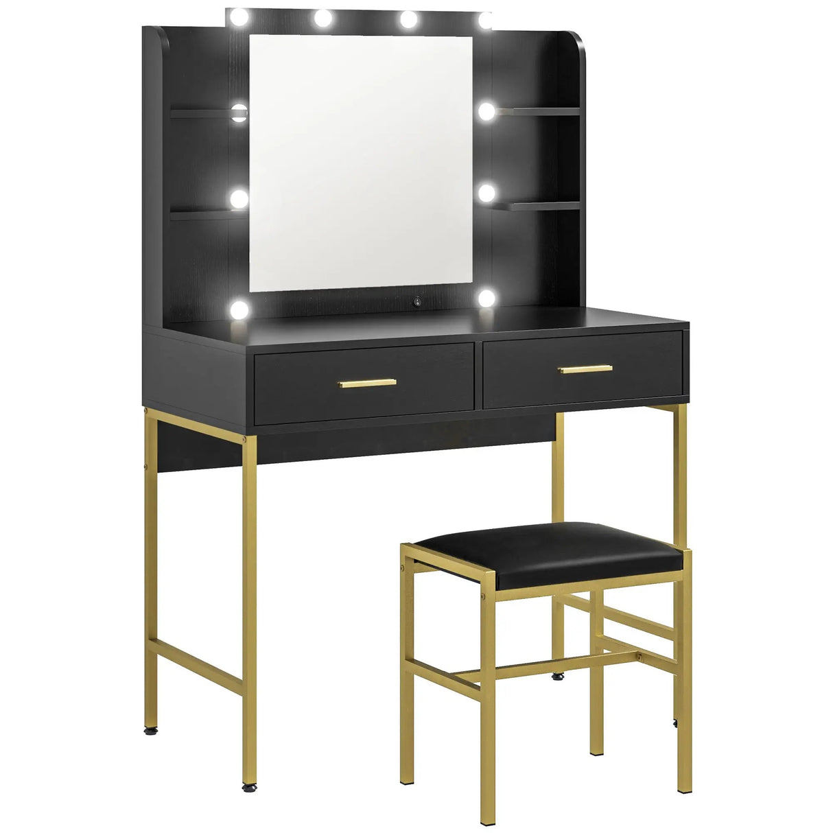 Toeletta da trucco  nero con specchio illuminato a 10 luci LED, 2 cassetti, 6 ripiani e sgabello imbottito incluso.