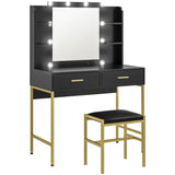 Toeletta da trucco  nero con specchio illuminato a 10 luci LED, 2 cassetti, 6 ripiani e sgabello imbottito incluso.