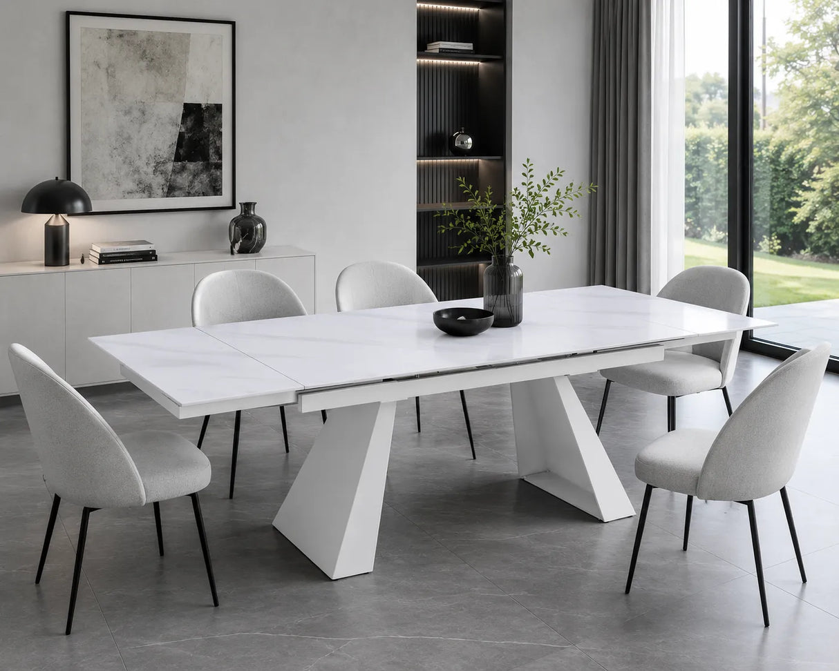 Tavolo Vermont allungabile 160x90 estensibile a 240 in ceramica effetto marmo Carrara con struttura in metallo bianco