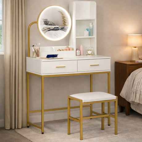 Toeletta trucco bianca con specchio rotondo LED touch, 2 cassetti, 5 vani e sgabello imbottito, perfetta per camera da letto elegante.