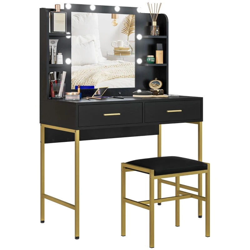 Toeletta  nera con specchio illuminato a 10 luci LED, 2 cassetti, 6 ripiani e sgabello imbottito incluso.