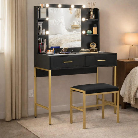 Toeletta  nera con specchio illuminato a 10 luci LED, 2 cassetti, 6 ripiani e sgabello imbottito incluso.