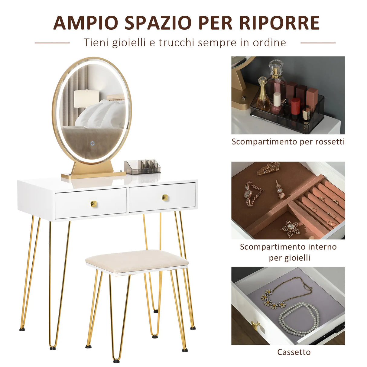 Toeletta bianca con luci LED, specchio touch e sgabello imbottito in stile industriale